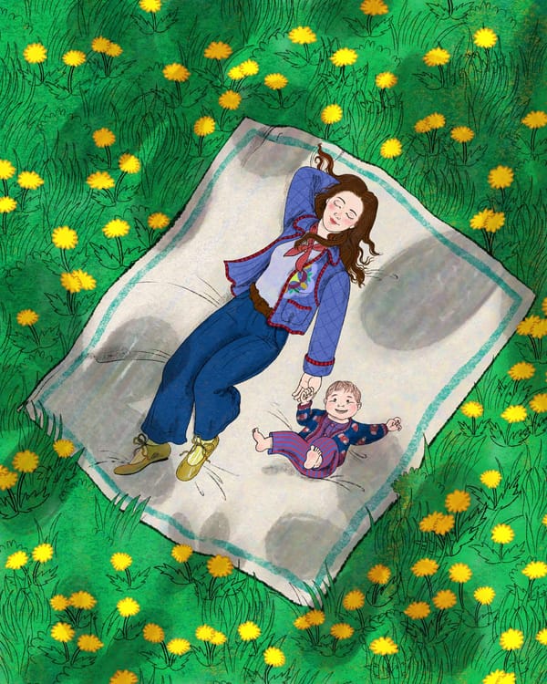 An illustration of a woman laying on a blanket in the grass with her baby boy. 