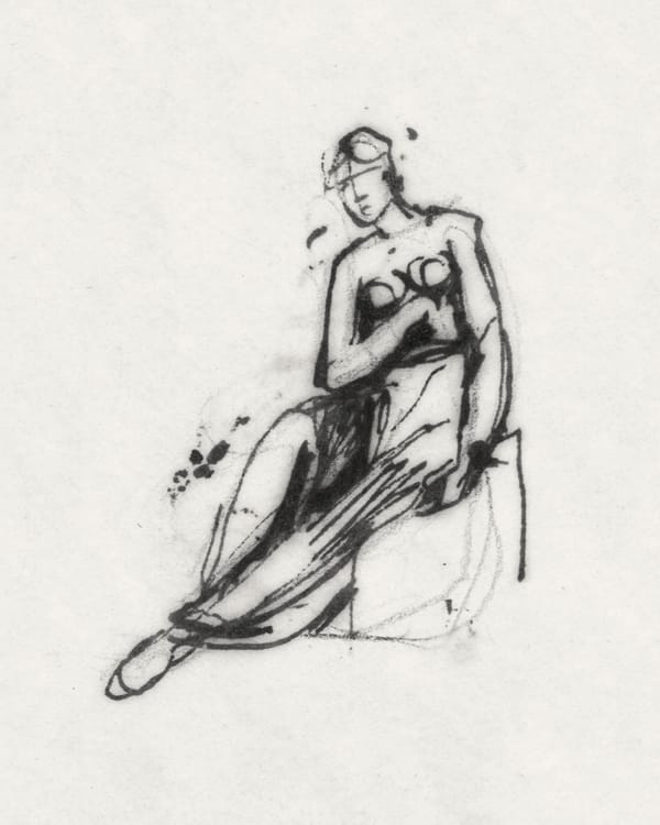 Black-and-white line drawing of a seated female figure in a toga-like dress.