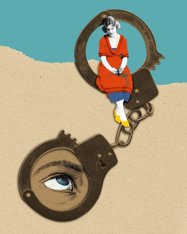 An artist's rendering of a woman in a red dress with a set of giant handcuffs behind her. 