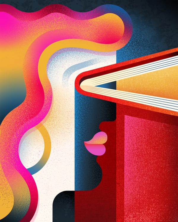 An abstract illustration of a woman gazing into a book.