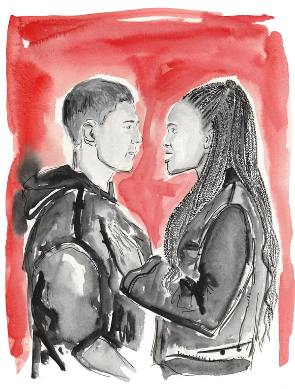 A watercolor painting of Romeo and Juliet, played by Tom Holland and Francesca Amewudah-Rivers 