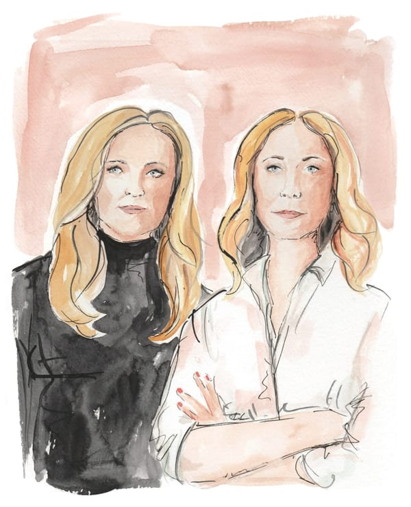 A watercolor painting of the journalists Elizabeth Dias and Lisa Lerer.