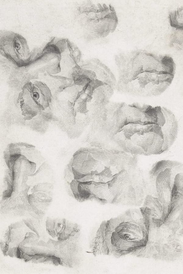 A black and white collage of printed images of human eyes, noses and mouths