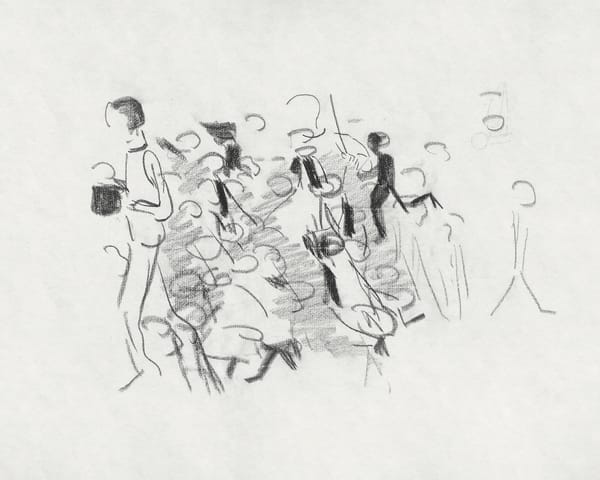 Black and white sketch of a crowd of figures moving forward.