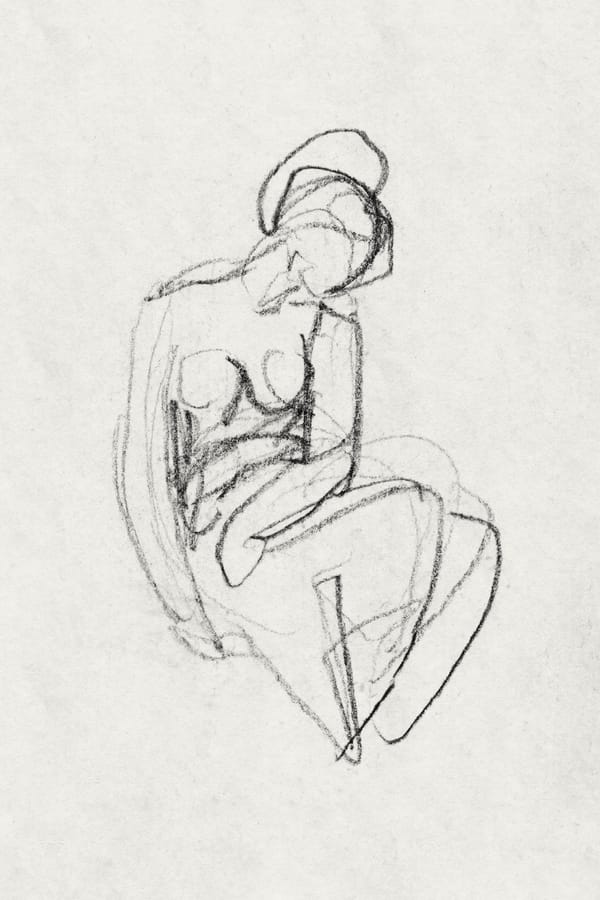 Charcoal sketch of a female figure sitting down. Her head hangs as if she is tired.