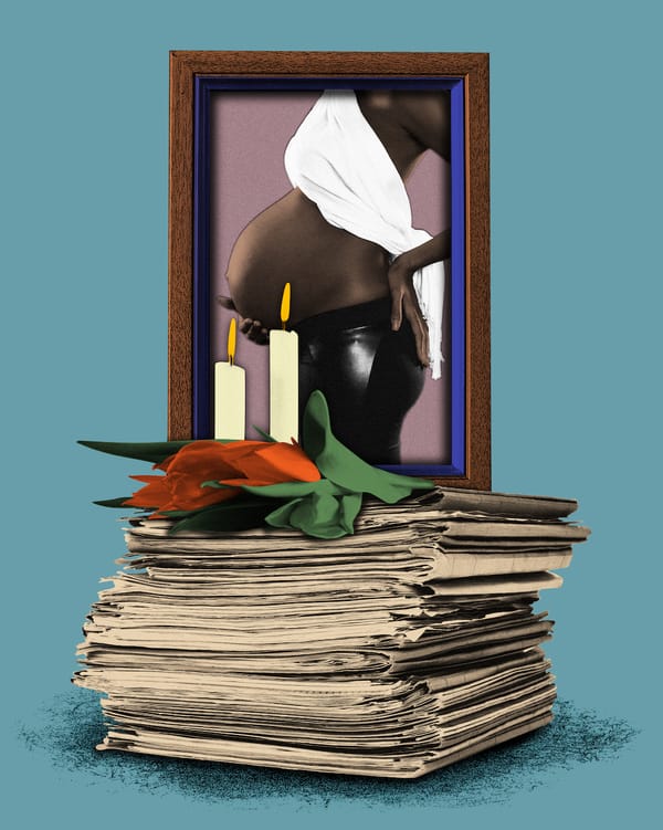 Illustration: a framed picture of a black woman's pregnancy bump, with flowers and a candle on top of a stack of case files. 