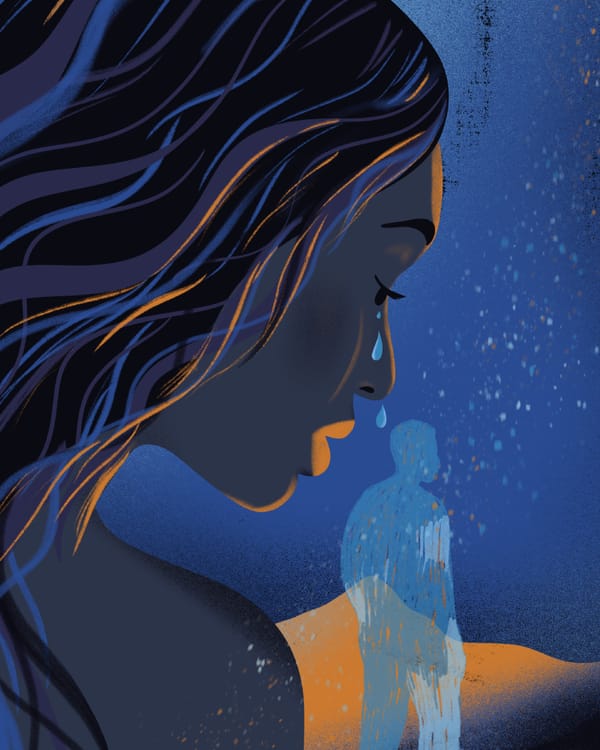 A blue and orange-tone illustration of a woman in profile crying. There is a silhouette of a man in the background.