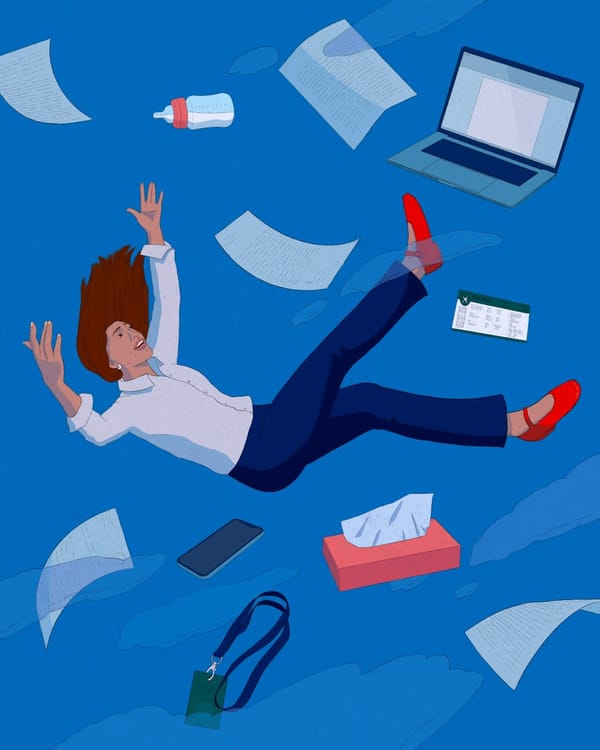 Illustration showing a woman falling through a blue sky, surrounded by a cellphone, a tissue box, a laptop, a baby bottle.