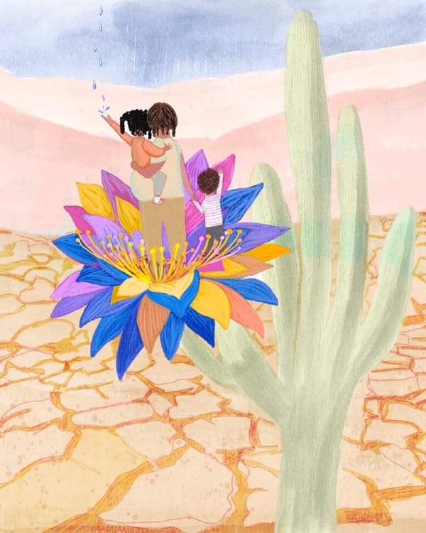 An illustration depicts a pregnant mother with two kids standing in a cactus flower looking into the distance.