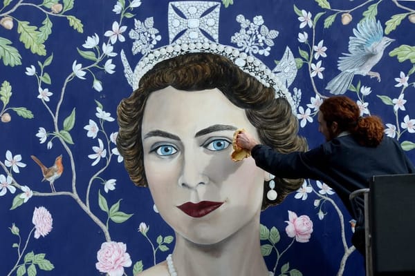 A photorealistic of the Queen in her 20s, with a blue background, surrounded by flowers.