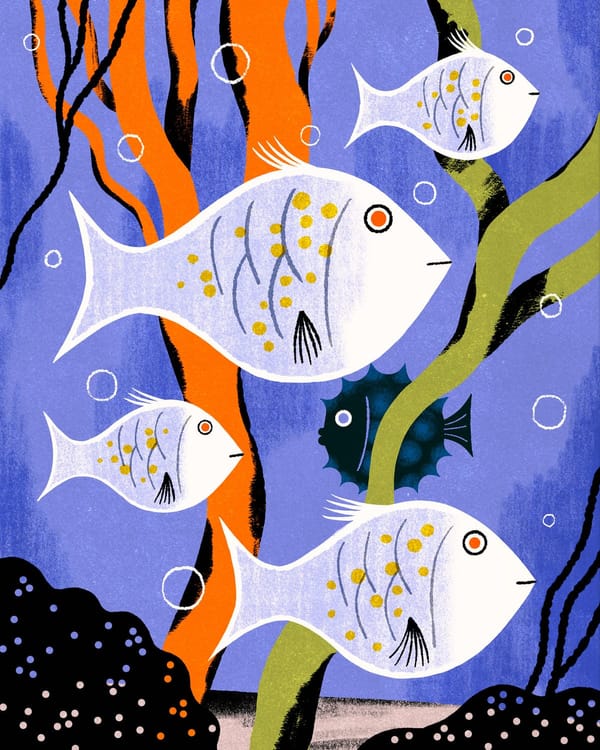 Illustration of fish on a purple background. One fish, a puffer, swims in the opposite direction to its peers.