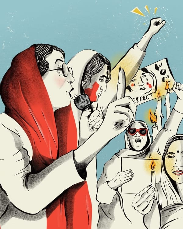 A drawing shows a group of women protesting with signs and candles. One woman holds a microphone.