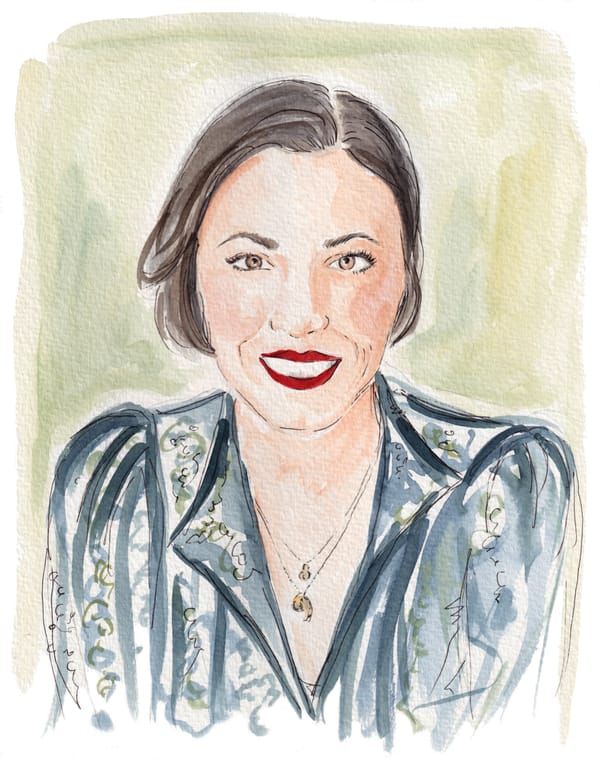 A watercolor painting of the author Jessica Valenti. She has short hair in a bob and is wearing bright lipstick.