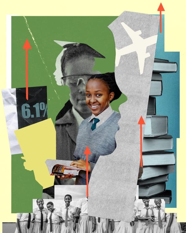 A photo collage depicts Rwandan school girls overlaid by arrows and an airplane.