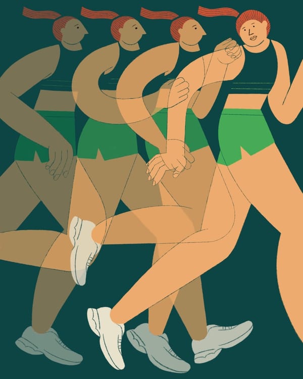 An illustration shows a woman running a race. She looks back at other versions of herself as she runs.