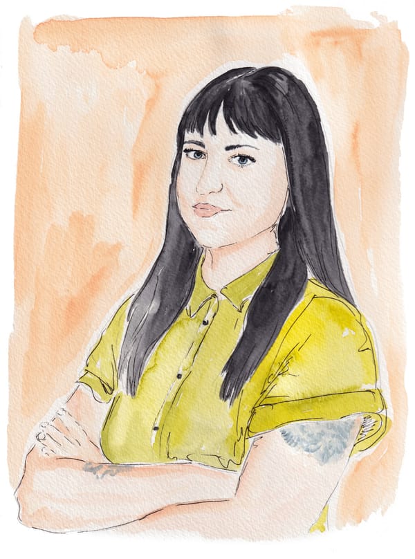 Watercolor of Alison Place, a woman with long dark hair and bangs and blue eyes, folds her arms. She wears a yellow blouse. 