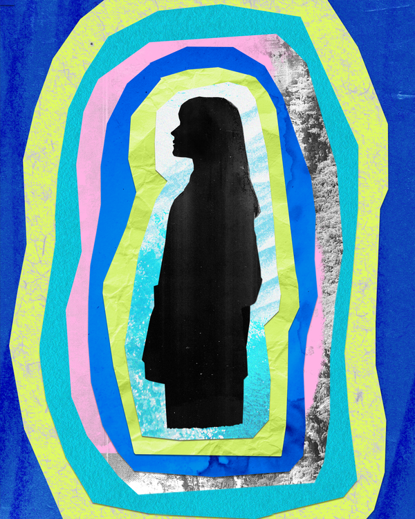 A silhouetted woman at the centre of the image, surrounded by concentric collaged cutouts in cobalt, teal, lime and pink.