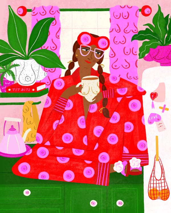 An illustration of a woman wearing a boob robe and surrounded by boob homewares. 