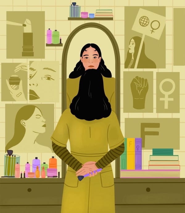 Illustration: rear view of a woman, in an olive-colored dress, staring into a mirror surrounded by feminist posters. 