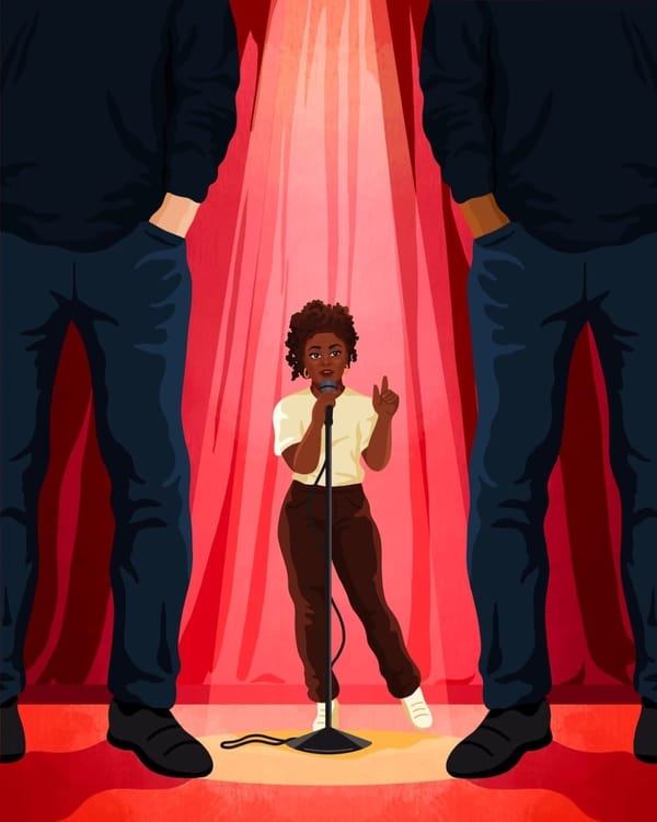 An illustration of a woman performing standup comedy. She is flanked by two giant men, making the woman look smaller.