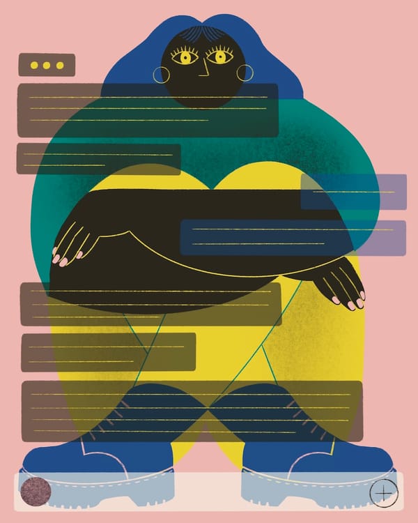 Pink, yellow, blue and green illustration shows a woman huddled in a fetal position behind transparent online messages.