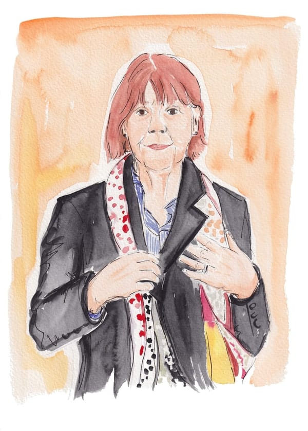 Watercolor showing Gisele Pelicot, with short auburn hair, wearing a patterned scarf, blue striped shirt and black blazer.