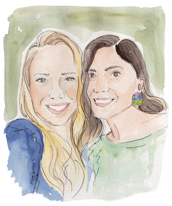 Watercolor showing Mara Altman, with long dark hair and Kat Alexander, with long blonde hair. They're both smiling.