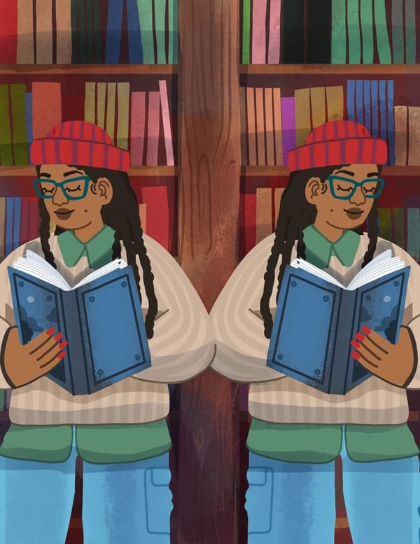 Two almost identical individuals, wearing glasses and red hats are reading books side by side.