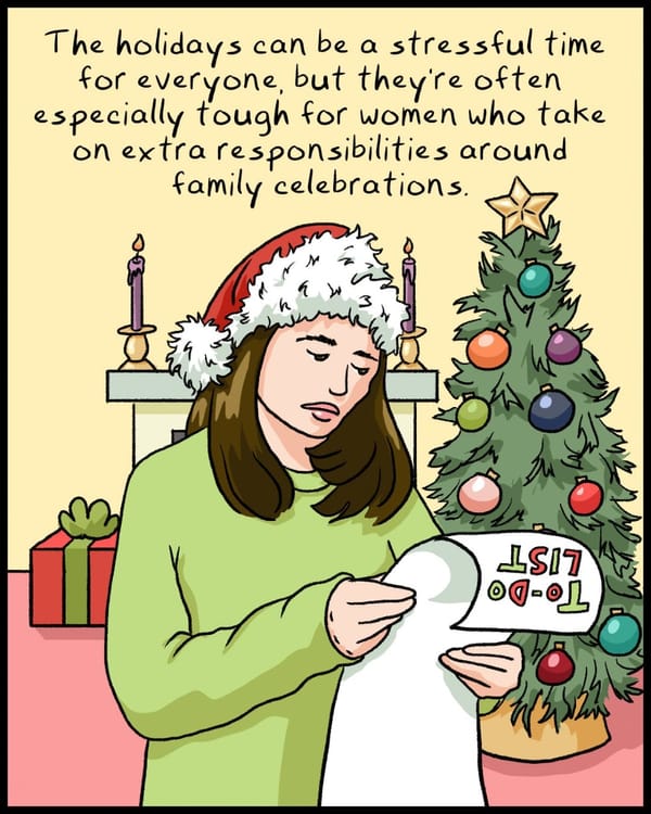 Cartoon panel text: The holidays are often especially tough for women who take on extra responsibilities.