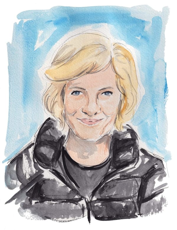 A watercolor of Ellen Jovin. She has short, coiffed blond hair, blue eyes. She is wearing a black winter jacket.