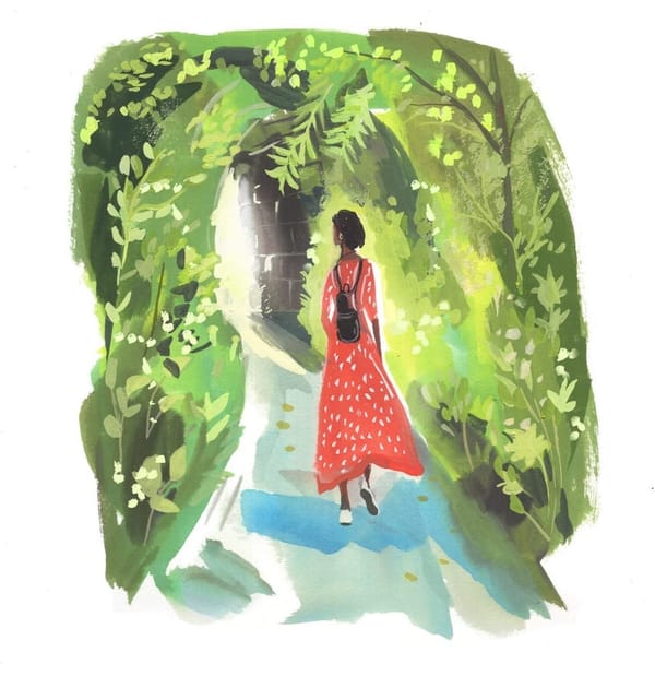 A painting of a woman in a red dress walking away from the viewer, down a path in a park.