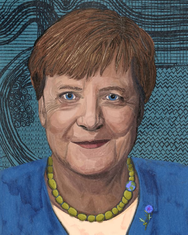 An artist's rendering of Angela Merkel. She is shown against a blue patterned background and wears a blue blazer.