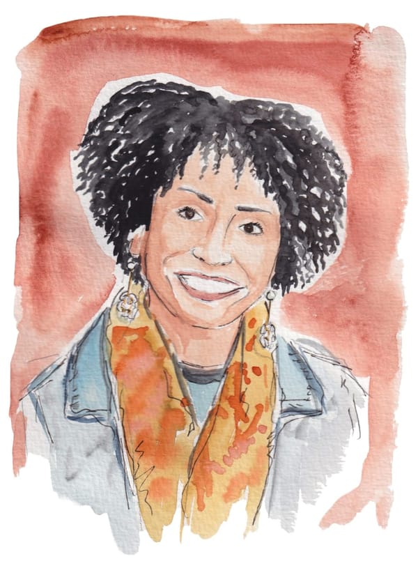 A watercolor painting of Jana Smith. She has a big smile and is wearing a scarf around her neck.