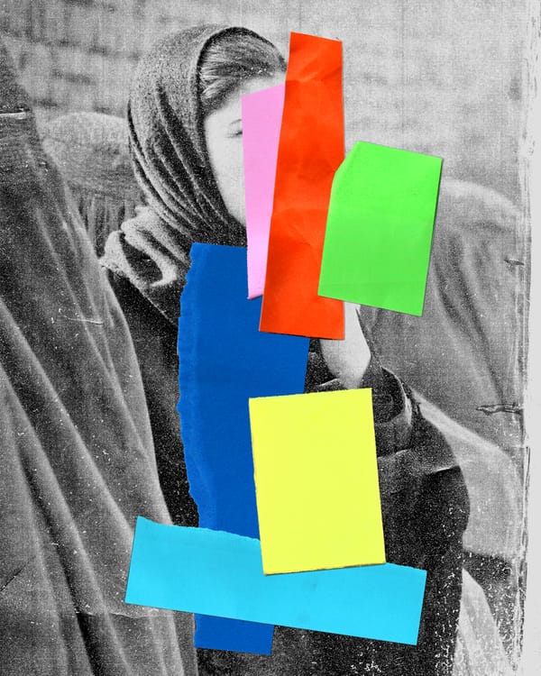 A grainy black and white photo of a veiled Afghan woman is covered with brightly-colored Post-It notes.