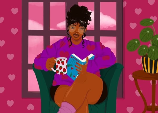 Illustration of a woman with dark skin and hair reading a book. She is surrounded by pink wallpaper and holds a mug.