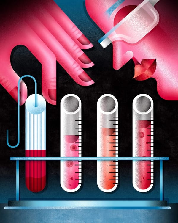 A stylized illustration of three test tubes. There is also a tampon drawn to look like a test tube.