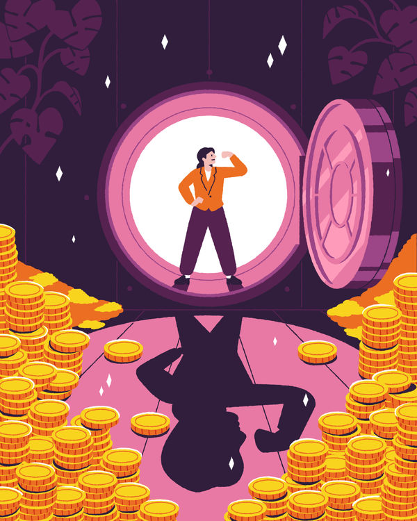 An illustration of a woman in a power pose looking into a safe full of gold coins! 