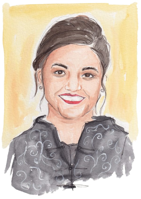 Watercolor of Payal Kapadia, smiling. Her hair is up, she wears a black jacket.