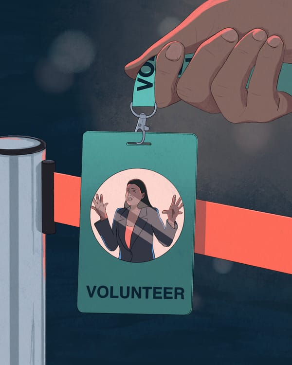 An illustration of a conference badge with a photo of a stressed speaker. Underneath it says "volunteer.".