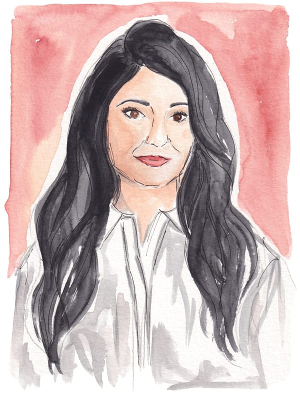 Watercolor image of Saumya Dave, with brown eyes and long dark hear, wearing a white shirt.