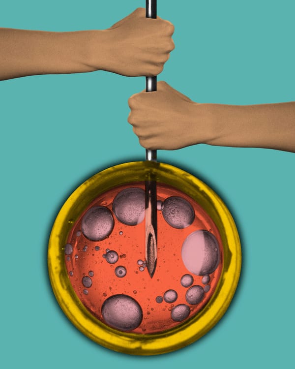 An artist's illustration of two hands grabbing a medical needles which is inserted into a petri dish.